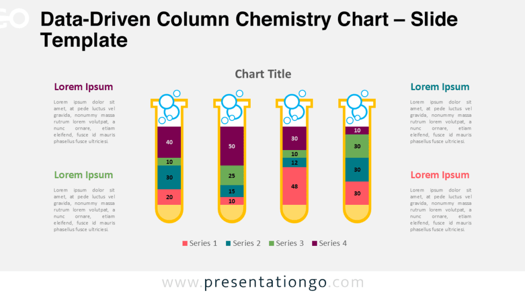 Chemistry column chart for PowerPoint with test tube columns and stacked data segments illustrating a data-driven scientific chart.