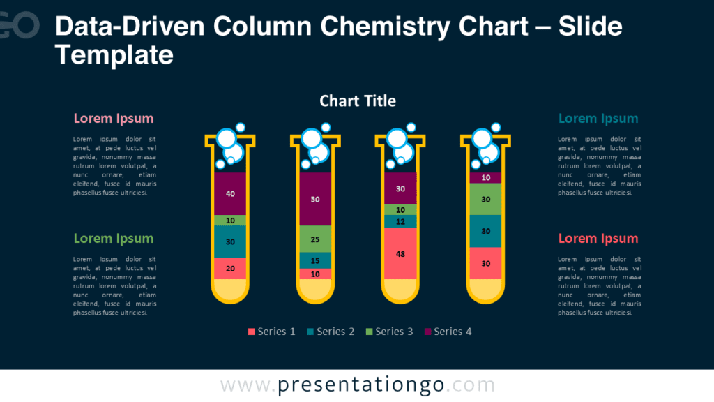Chemistry Column Chart for PowerPoint Dark Slide Chemistry column chart for PowerPoint on dark background with test tube columns and stacked data segments for scientific data visualization.