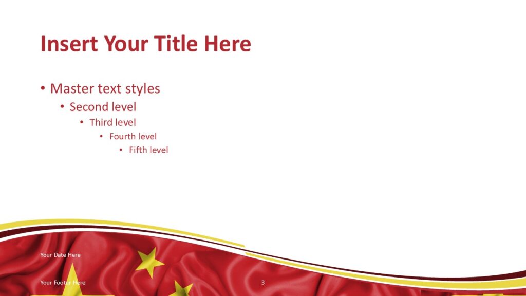 Alternative China flag PowerPoint template slide featuring waving red flag background with stars and editable presentation layout.