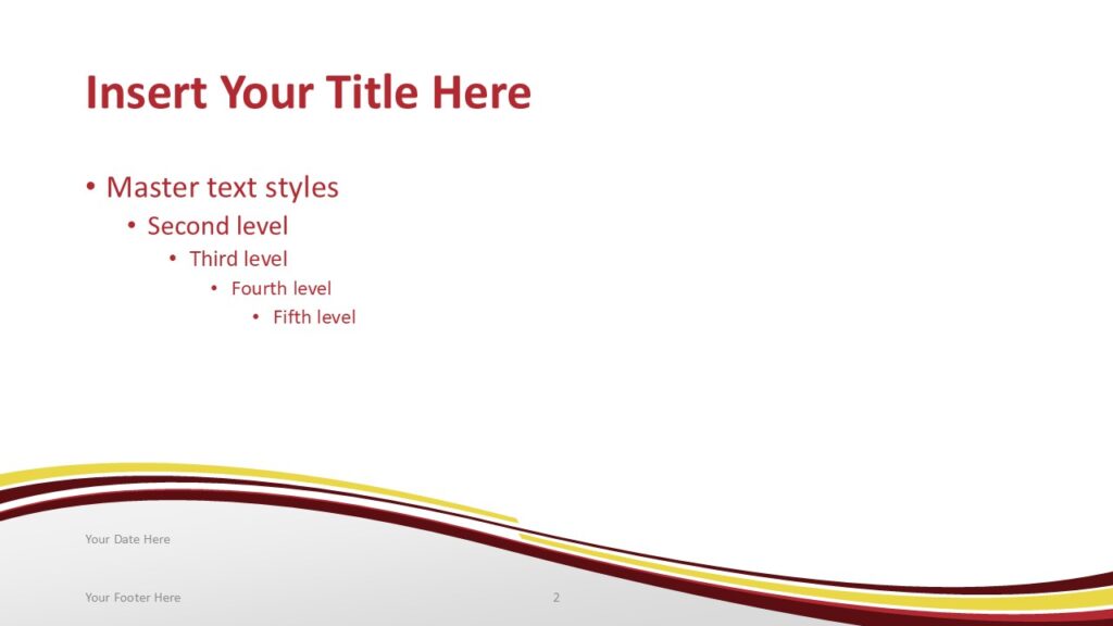 Editable China flag PowerPoint template content slide with red and gold wave footer, text placeholders and clean layout for presentations.