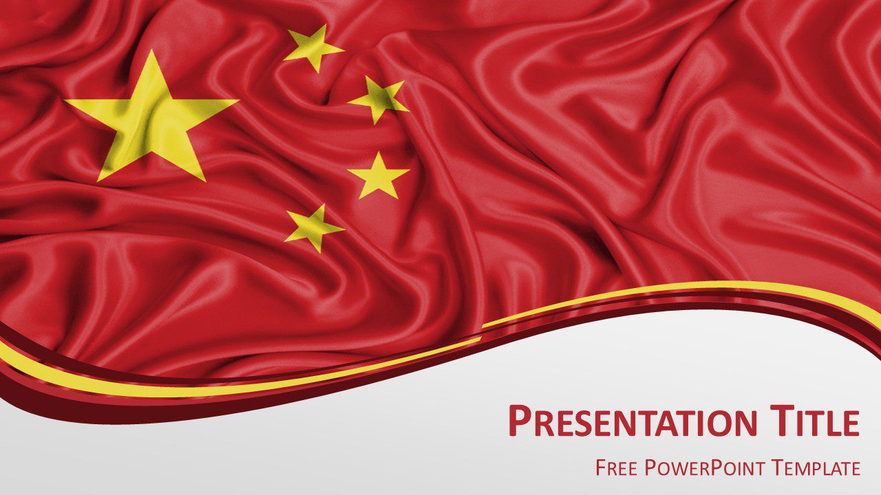China flag PowerPoint template with waving red flag, yellow stars and curved wave design for patriotic presentations or Asia-themed slides.