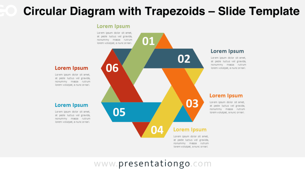Circular Diagram with Trapezoids for PowerPoint Circular diagram with trapezoids PowerPoint infographic showing six colorful trapezoid shapes arranged in a circular process.