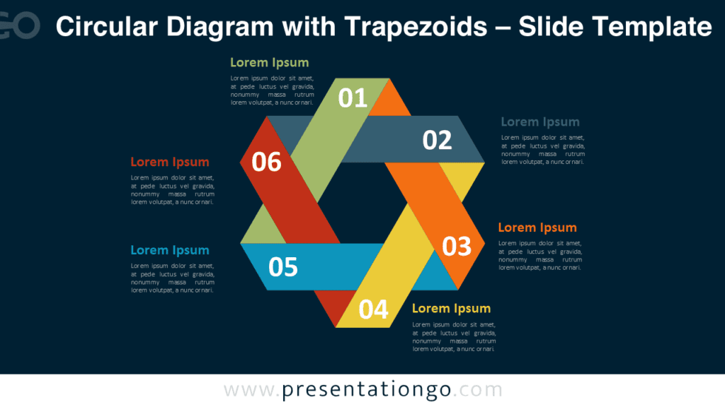Circular Diagram with Trapezoids for PowerPoint Dark Slide Circular diagram with trapezoids PowerPoint infographic on dark background showing six trapezoid segments forming a circular process.