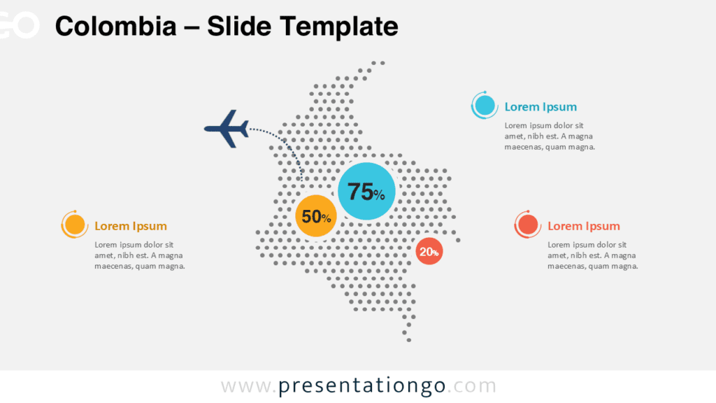 Colombia dotted map infographic with data markers for PowerPoint and Google Slides presentations showing geographic statistics and regional insights.
