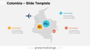 Colombia dotted map infographic with data markers for PowerPoint and Google Slides presentations showing geographic statistics and regional insights.