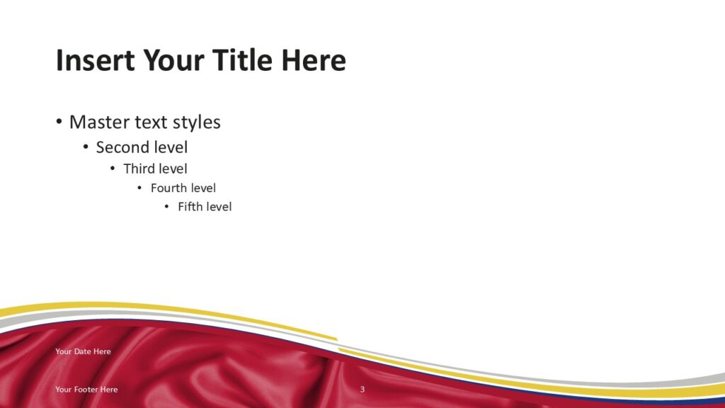Colombia flag PowerPoint template slide with red wave background and curved ribbon accents reflecting Colombian flag colors.