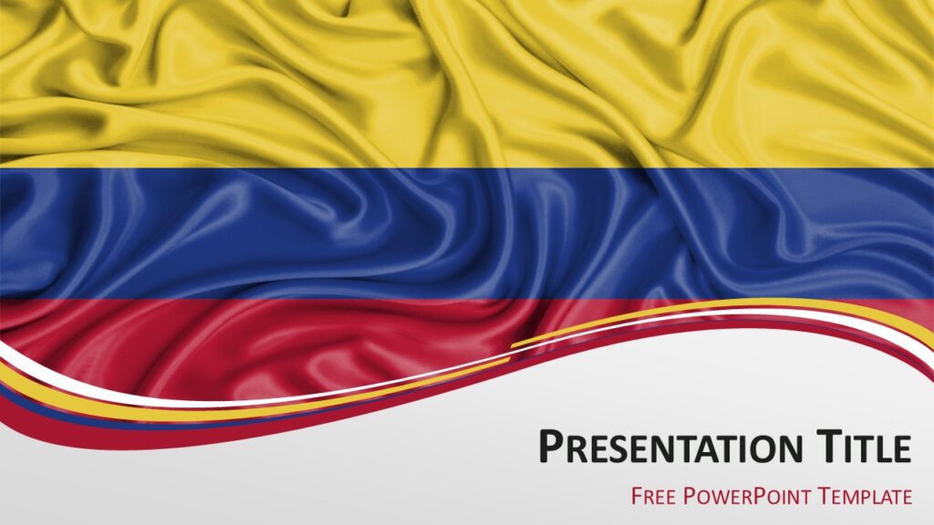 Colombia flag PowerPoint template cover slide with waving Colombian flag background and curved ribbon wave design.