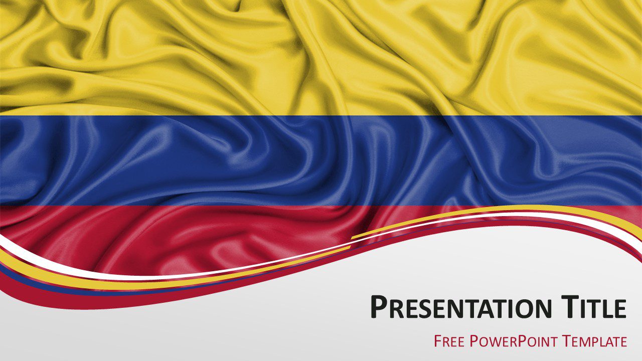 Colombia flag PowerPoint template cover slide with waving Colombian flag background and curved ribbon wave design.