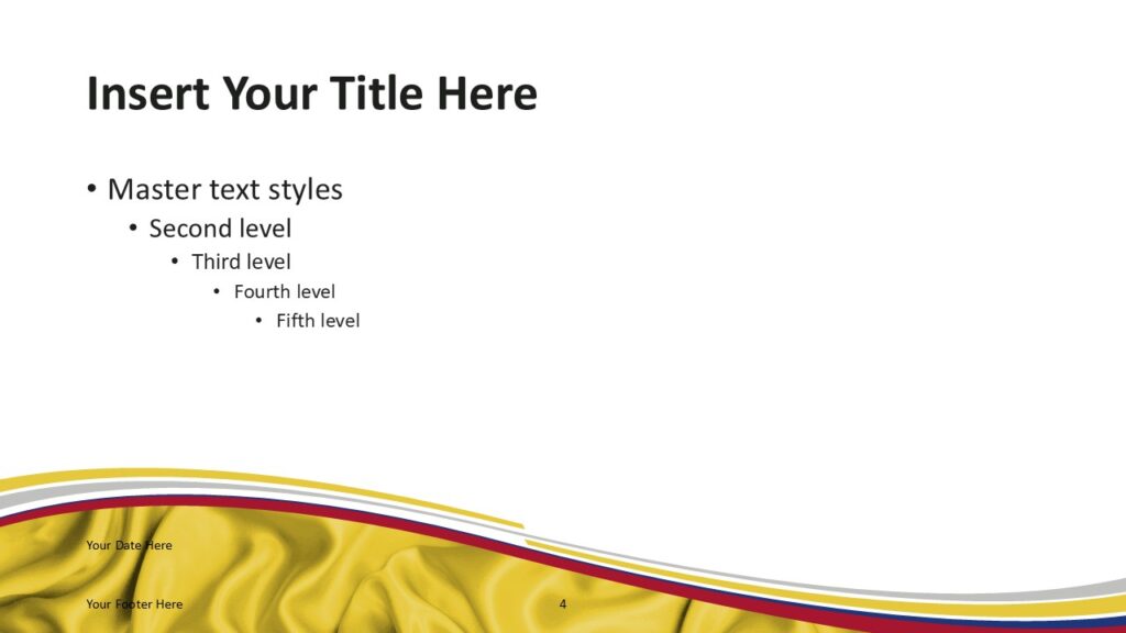 Colombia flag PowerPoint template slide with yellow wave background and curved ribbon accents reflecting Colombian flag theme.