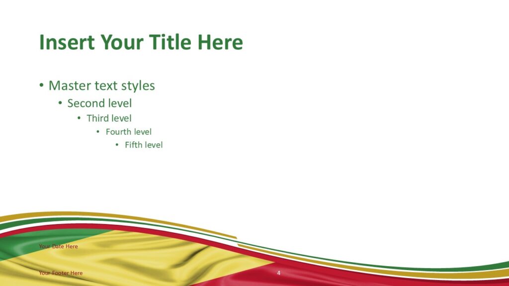 Congo Flag Diagonal Wave Slide Template for PowerPoint PowerPoint slide template with diagonal Congo flag colors and flowing wave design for presentations.
