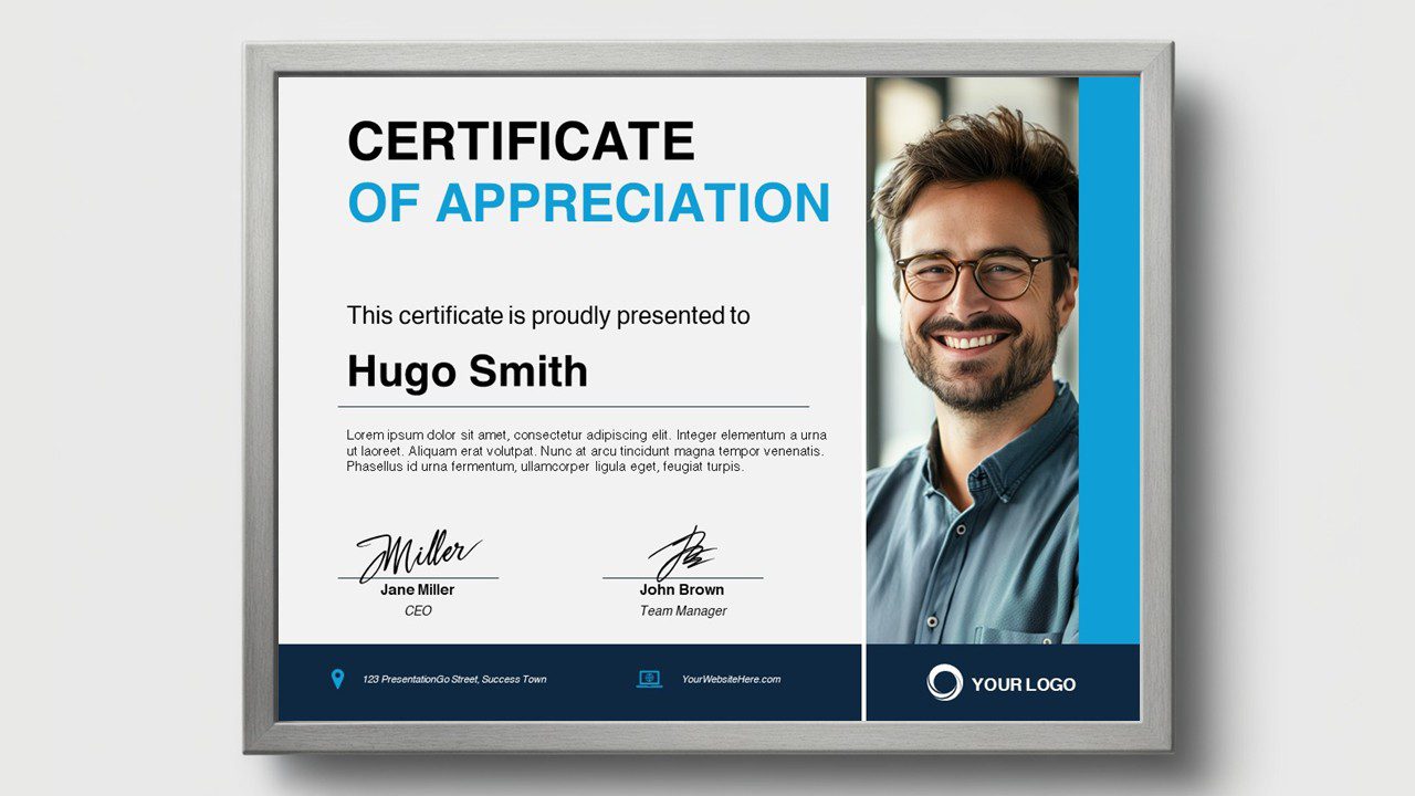 Corporate blue certificate template for PowerPoint and Google Slides with clean professional layout and picture placeholder for awards.