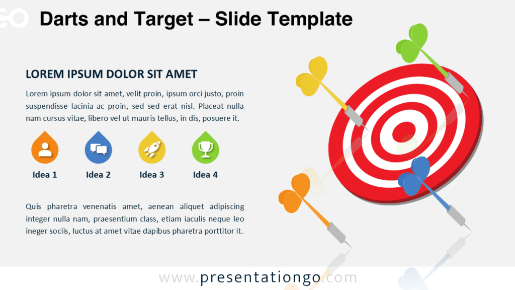 Darts and target diagram for PowerPoint showing multiple colored darts hitting a bullseye target to illustrate goals, strategy, and success.