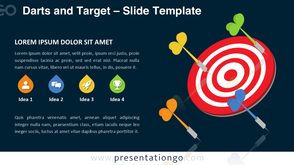 Darts and Target Diagram for PowerPoint Dark Slide Darts and target diagram for PowerPoint on dark background with multiple darts hitting a bullseye to represent strategy, goals, and performance.
