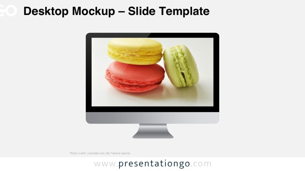 Desktop computer mockup template for PowerPoint showing monitor with photo placeholder used to present website preview or portfolio image.