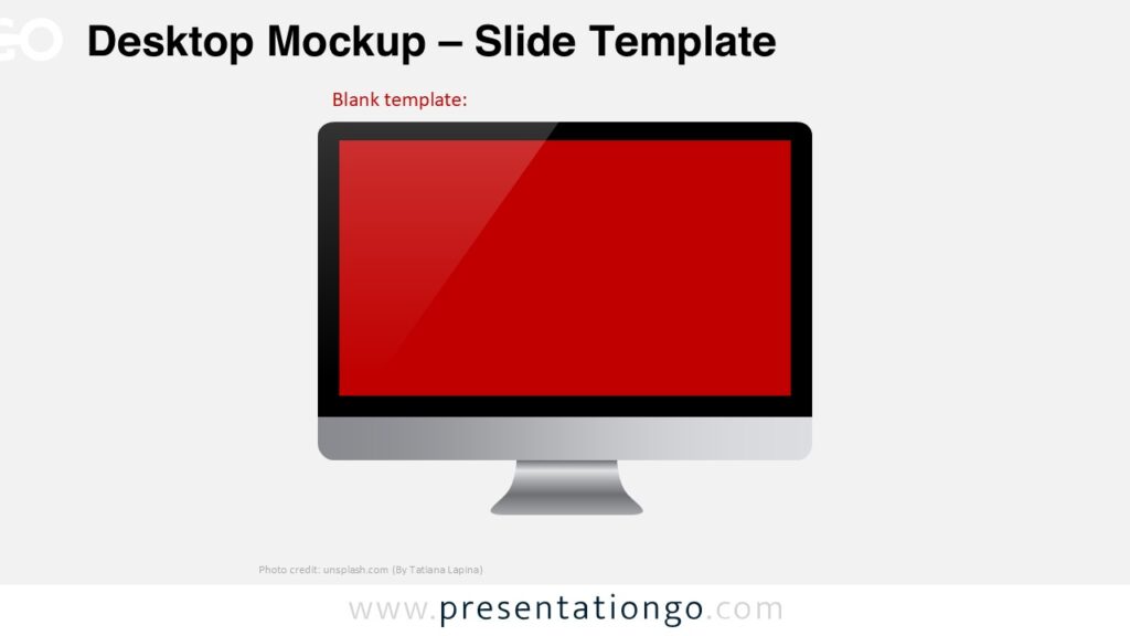 Desktop Mockup Template for PowerPoint Blank Screen Blank desktop computer mockup template for PowerPoint with editable screen placeholder to insert website preview or presentation image.