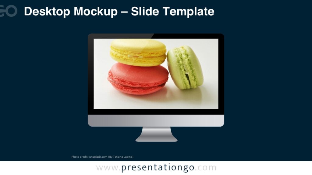 Desktop Mockup Template for PowerPoint Dark Slide Desktop computer mockup template for PowerPoint on dark background displaying monitor with customizable image placeholder.