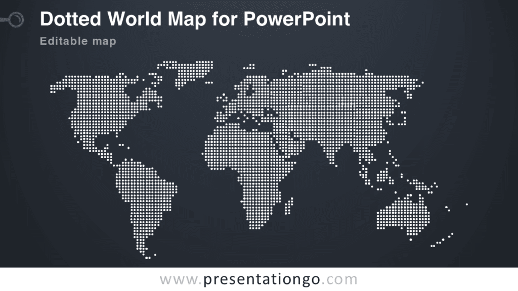 Dotted World Map for PowerPoint Dark Slide Dotted world map for PowerPoint on dark background with continents formed by white dots in a modern global map infographic.
