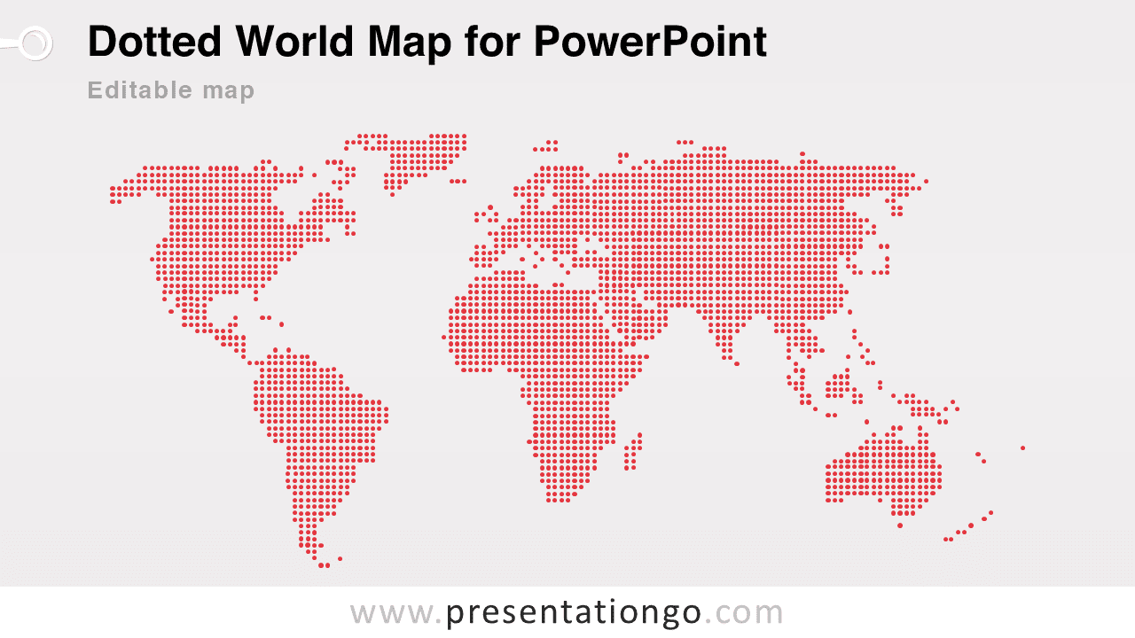 Dotted world map for PowerPoint showing continents formed by red dots in a modern global map infographic design.