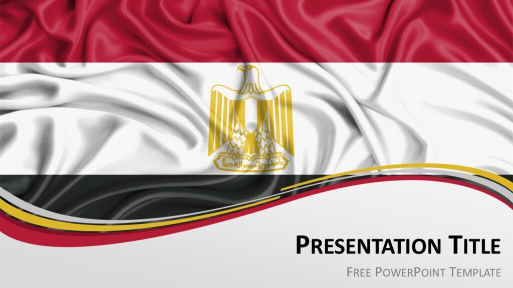 Egypt flag PowerPoint template with waving Egyptian flag featuring red white black stripes and golden eagle emblem.