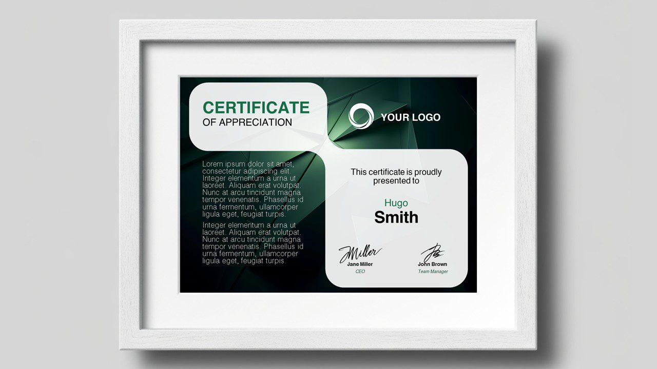 Emerald appreciation certificate template for PowerPoint and Google Slides with dark green geometric design and elegant professional layout.