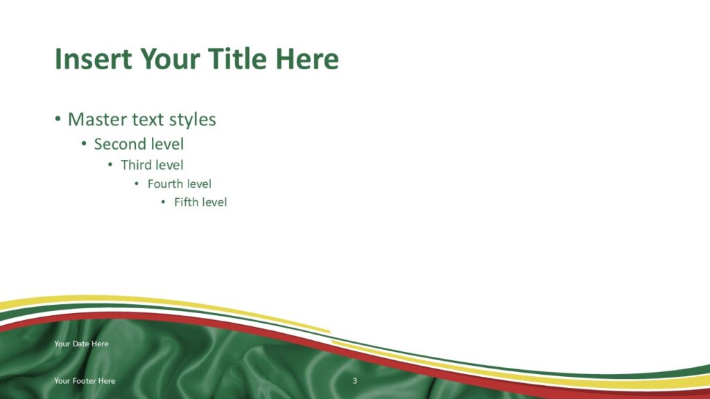 Ethiopia Flag Green Wave Slide Template for PowerPoint PowerPoint slide template with Ethiopian flag colors and flowing green wave pattern for presentation slides.