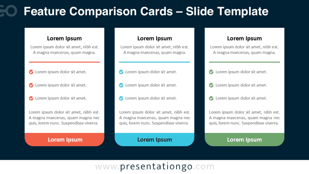 Feature Comparison Cards Dark Background PowerPoint Feature comparison cards diagram for PowerPoint with dark background style, showing three column comparison layout and editable checklist elements.