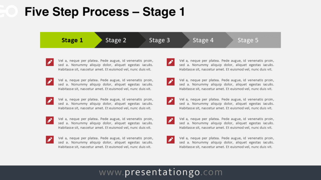Five Step Process Stage 1 Diagram for PowerPoint Five step process PowerPoint diagram highlighting stage 1 in a horizontal arrow workflow showing sequential steps.