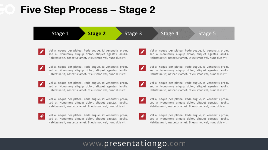 Five Step Process Stage 2 Diagram for PowerPoint Five step process PowerPoint diagram highlighting stage 2 with horizontal arrow blocks representing workflow progression.