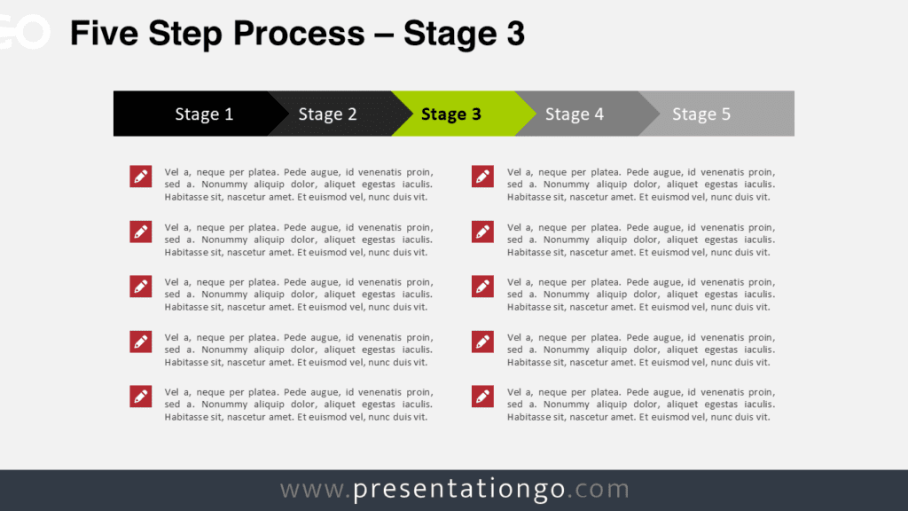 Five Step Process Stage 3 Diagram for PowerPoint Five step process PowerPoint diagram highlighting stage 3 using arrow blocks to illustrate a linear process or timeline.