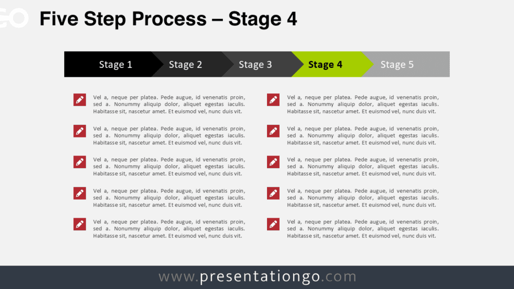 Five Step Process Stage 4 Diagram for PowerPoint Five step process PowerPoint diagram highlighting stage 4 with horizontal arrow blocks showing workflow progression.