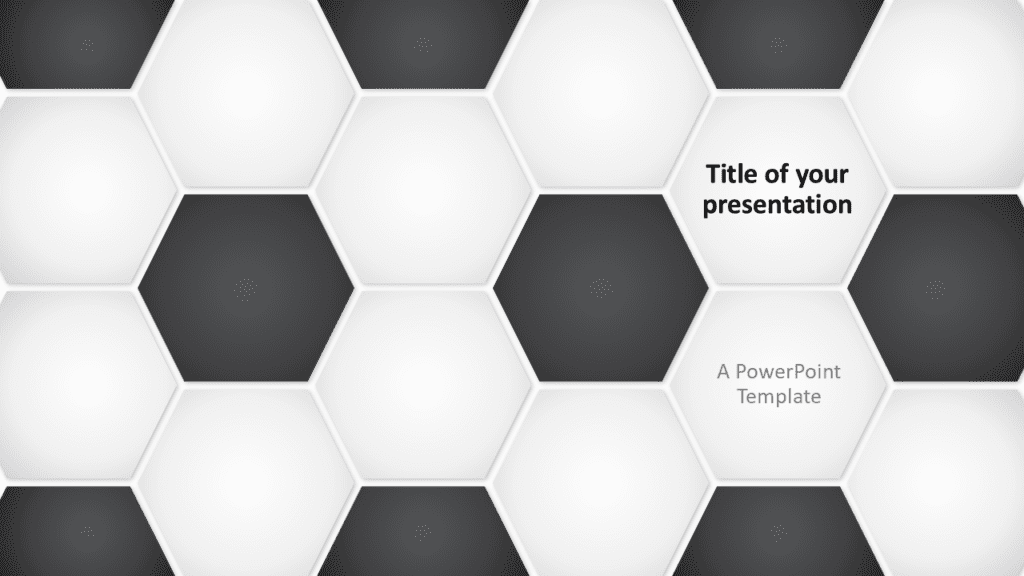 Football Soccer Ball PowerPoint Template Cover Slide Football soccer ball PowerPoint template cover slide with black and white hexagon pattern inspired by soccer ball panels.