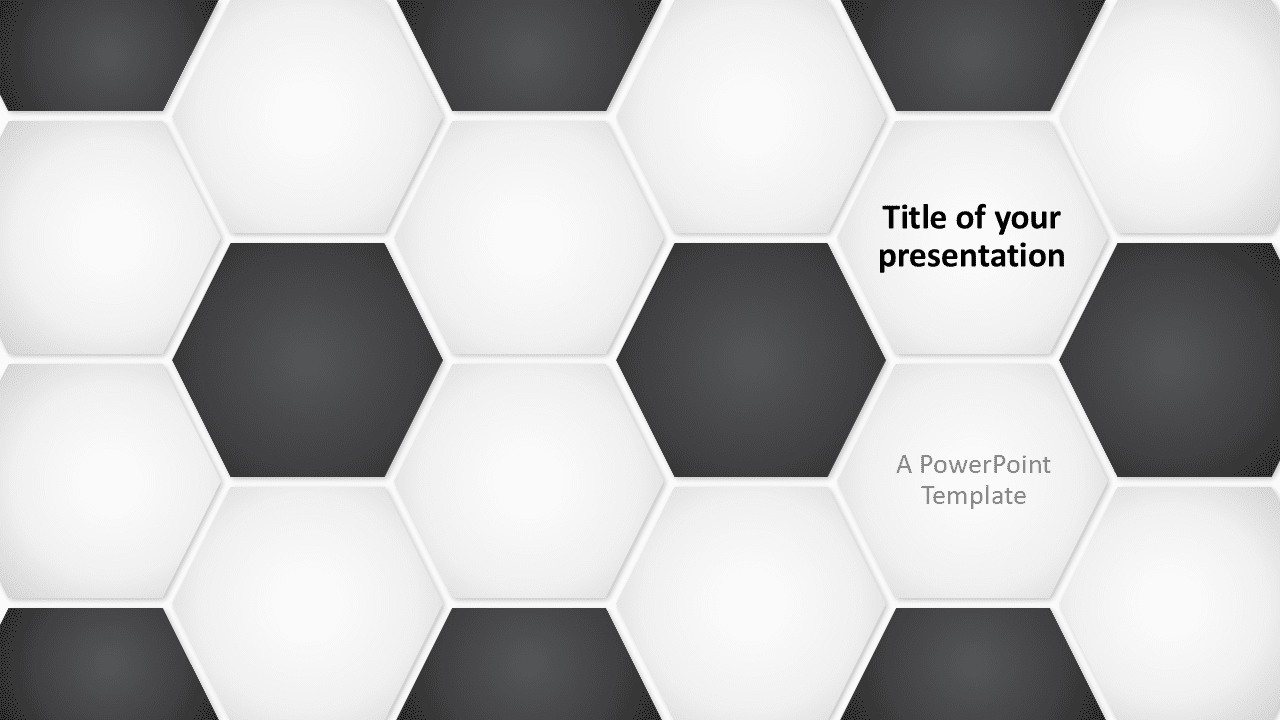Football soccer ball PowerPoint template cover slide with black and white hexagon pattern inspired by soccer ball panels.