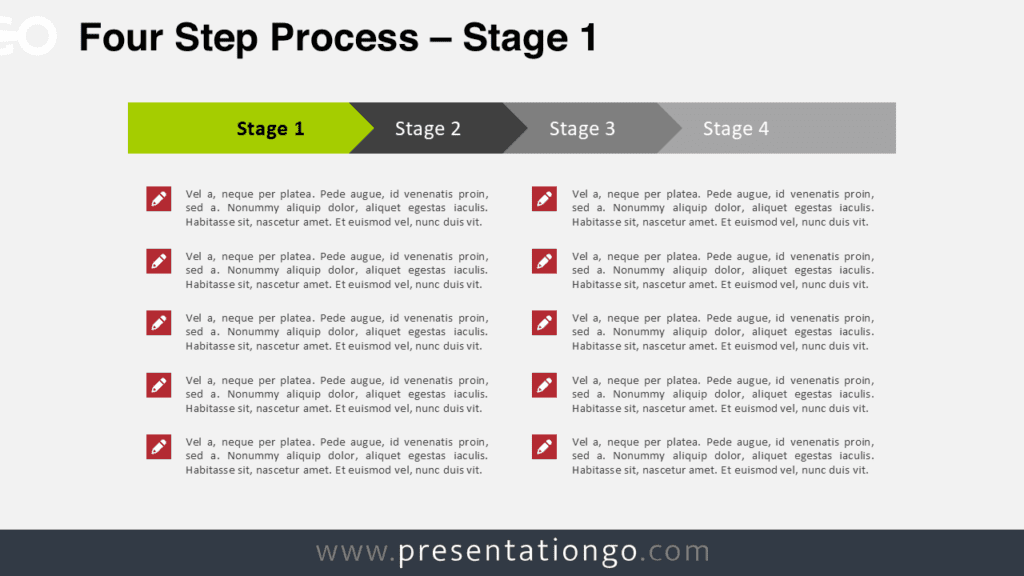 Four step process PowerPoint diagram highlighting stage 1 with horizontal arrow blocks for workflow, timeline or progression presentation.