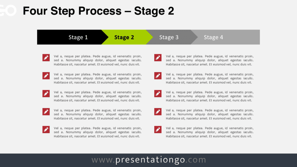 Four step process PowerPoint diagram highlighting stage 2 in a horizontal arrow workflow showing sequential steps in a process.