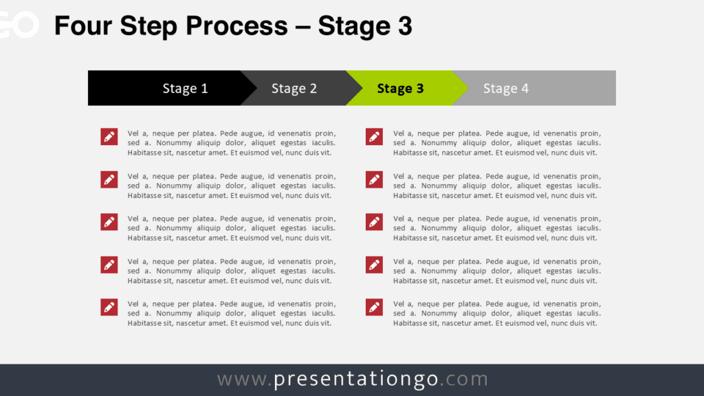 Four step process PowerPoint diagram highlighting stage 3 using arrow blocks to illustrate a workflow, timeline or linear progression.