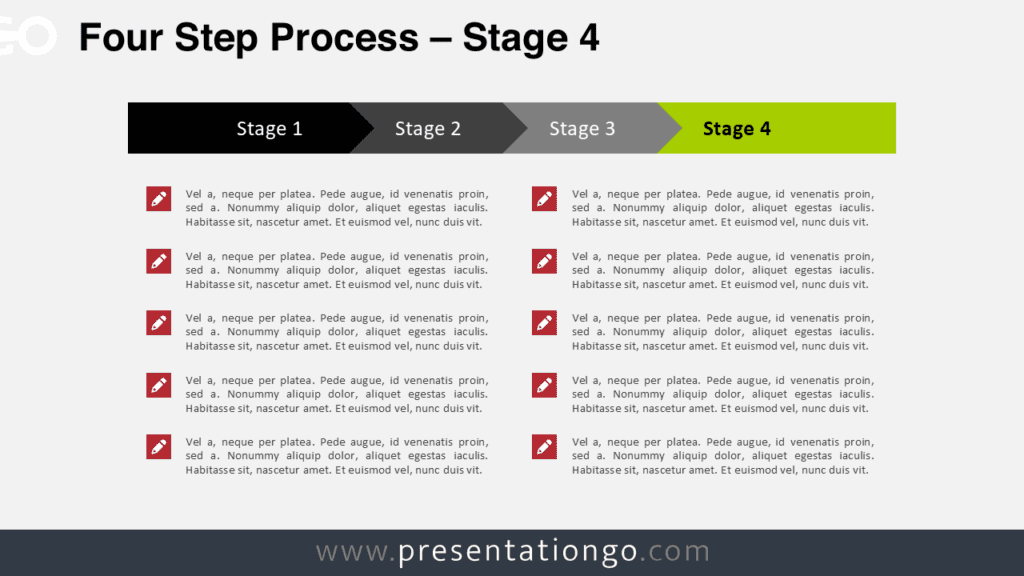 Four step process PowerPoint diagram highlighting stage 4 in a horizontal arrow workflow illustrating sequential process steps.