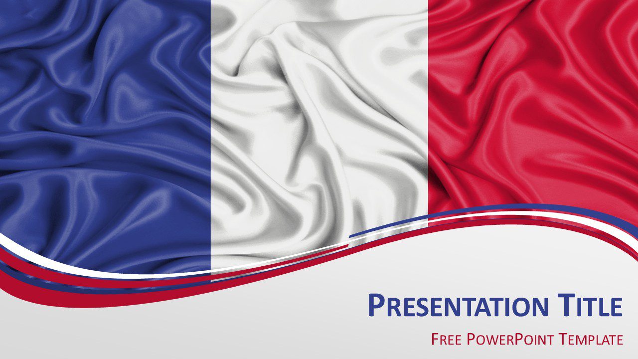 France flag PowerPoint template with waving French tricolor background and abstract blue white red wave design for presentations.