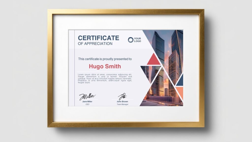 Geometric certificate template for PowerPoint and Google Slides with modern triangles layout for professional awards and recognition.