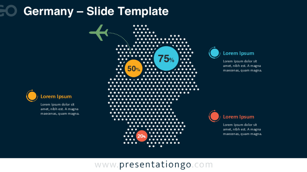 Germany Dotted Map Infographic Dark Theme for PowerPoint Germany dotted map infographic PowerPoint slide with dark theme displaying regional data markers and percentages for business and geographic presentations.