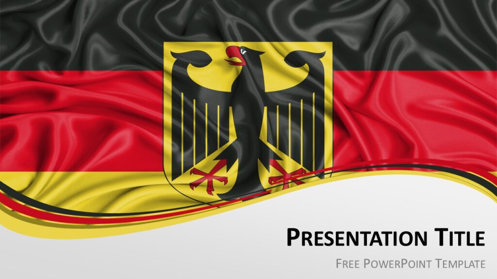 Germany flag PowerPoint template with waving German flag and federal eagle emblem with black red gold wave design.