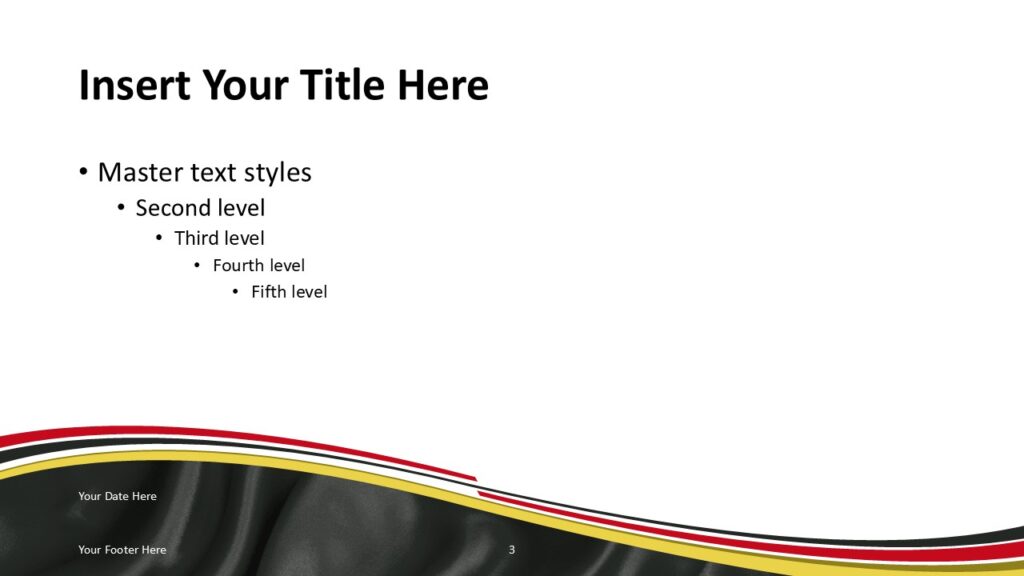 Germany themed presentation slide template with black red gold wave design inspired by the German flag. Germany Flag Black Wave Slide Template for PowerPoint