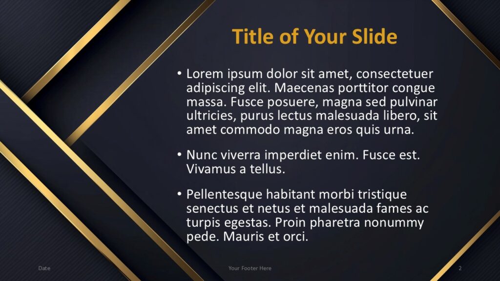 Golden Edge PowerPoint Google Slides Content Layout 1 Golden Edge title and content slide for PowerPoint and Google Slides featuring clean bullet layout with gold accents and dark background design