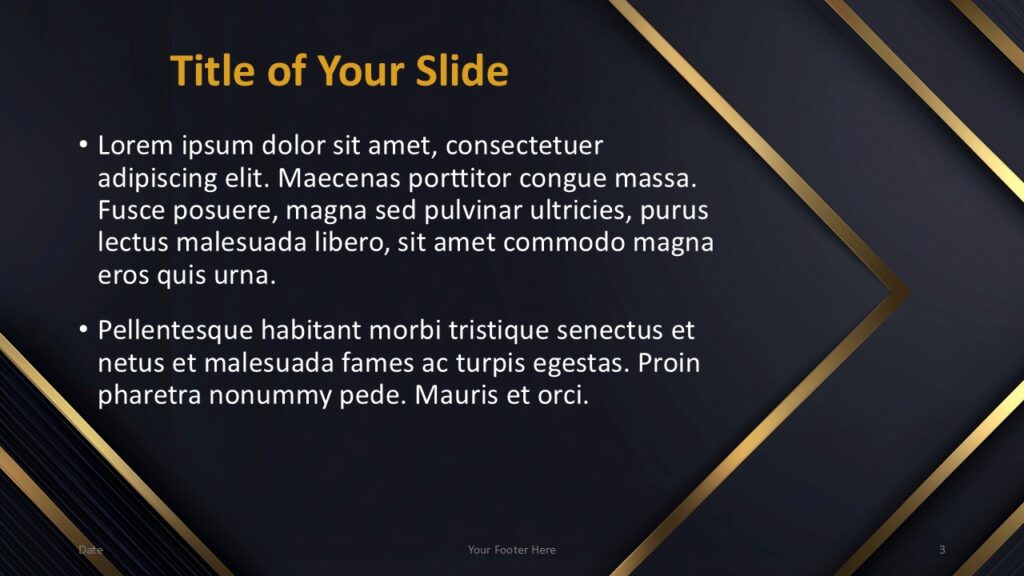 Golden Edge PowerPoint Google Slides Content Layout 2 Golden Edge alternative content slide for PowerPoint and Google Slides with mirrored layout, gold lines, and modern dark presentation style