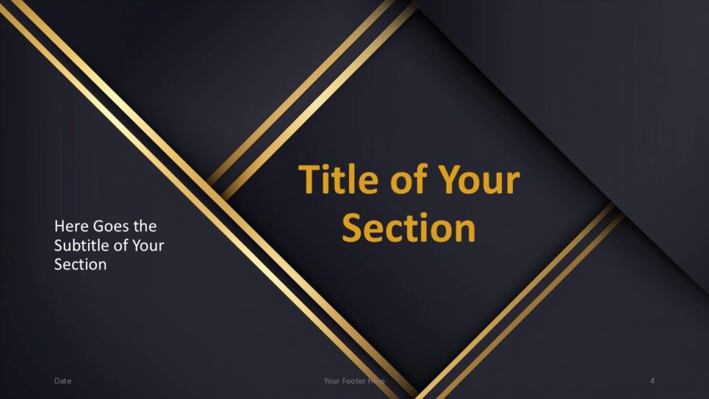 Golden Edge PowerPoint Google Slides Section Divider 1 Golden Edge section divider slide for PowerPoint and Google Slides with split layout, bold typography, and elegant gold geometric framing