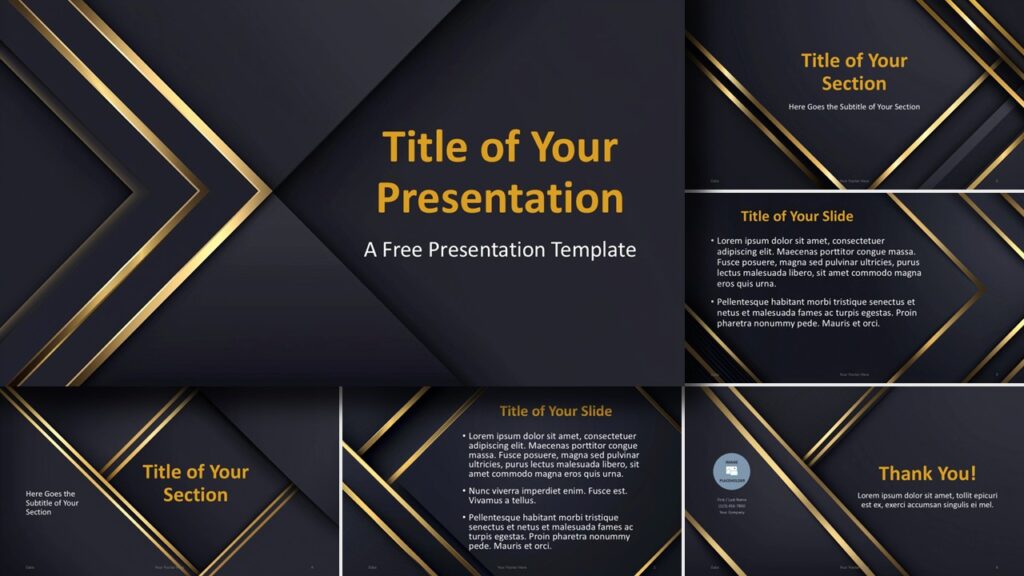 Golden Edge presentation template for PowerPoint and Google Slides showcasing all slides with elegant gold accents and professional layouts