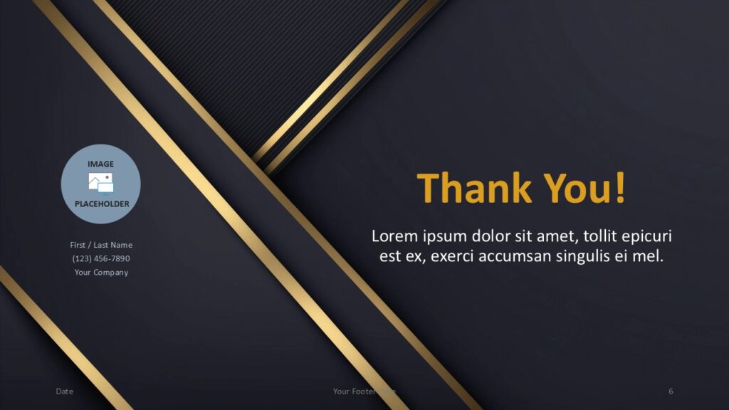 Golden Edge PowerPoint Google Slides Thank You Slide Golden Edge thank you slide for PowerPoint and Google Slides with contact placeholder, gold accents, and elegant dark presentation design