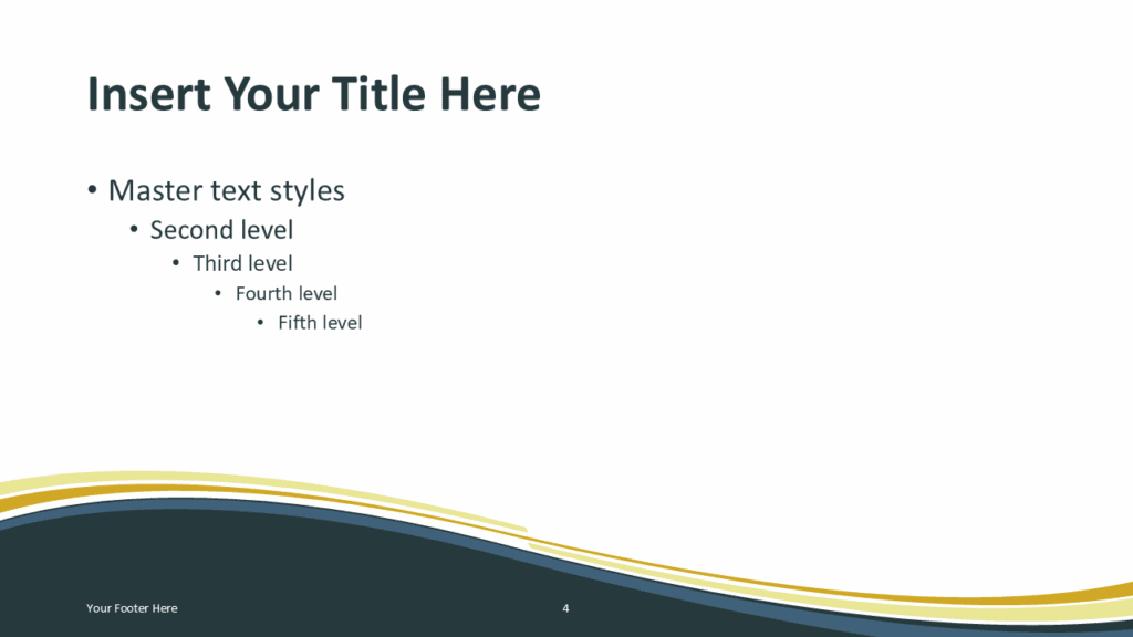 Golden Wave Blue Slide Template for PowerPoint PowerPoint presentation slide template with dark blue curved wave background and golden stripe accents.