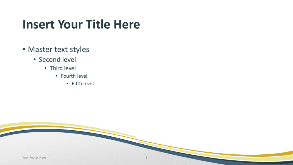 Golden Wave Content Slide Template for PowerPoint Clean PowerPoint slide template with gold curved wave stripes forming an elegant abstract presentation layout.
