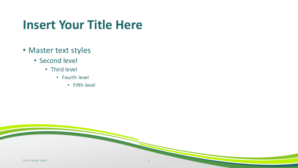 Green Wave Content Slide Template for PowerPoint Clean PowerPoint slide template with green curved wave stripes forming an elegant abstract presentation layout.