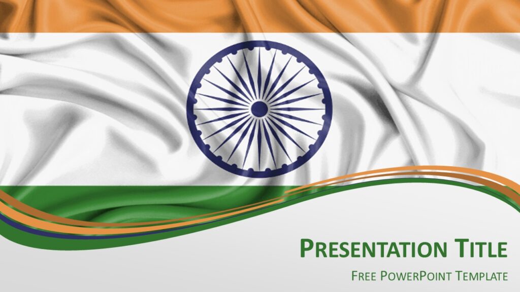 India flag PowerPoint template featuring the Ashoka Chakra and waving tricolor design with elegant wave shapes for presentations.
